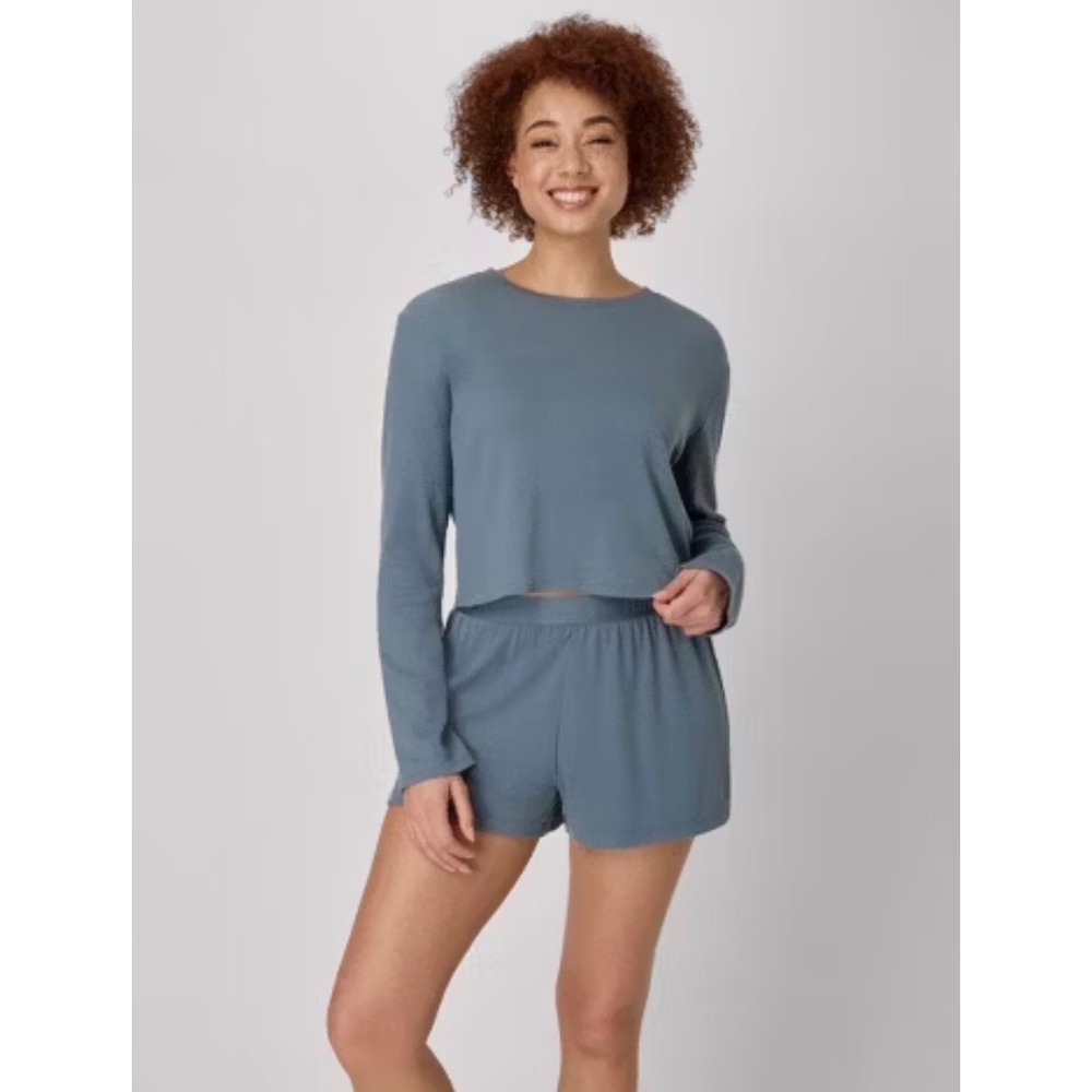 Hanes Originals Blue Ribbed Lounge Set Long Sleeve Top & Shorts HLA209 Large